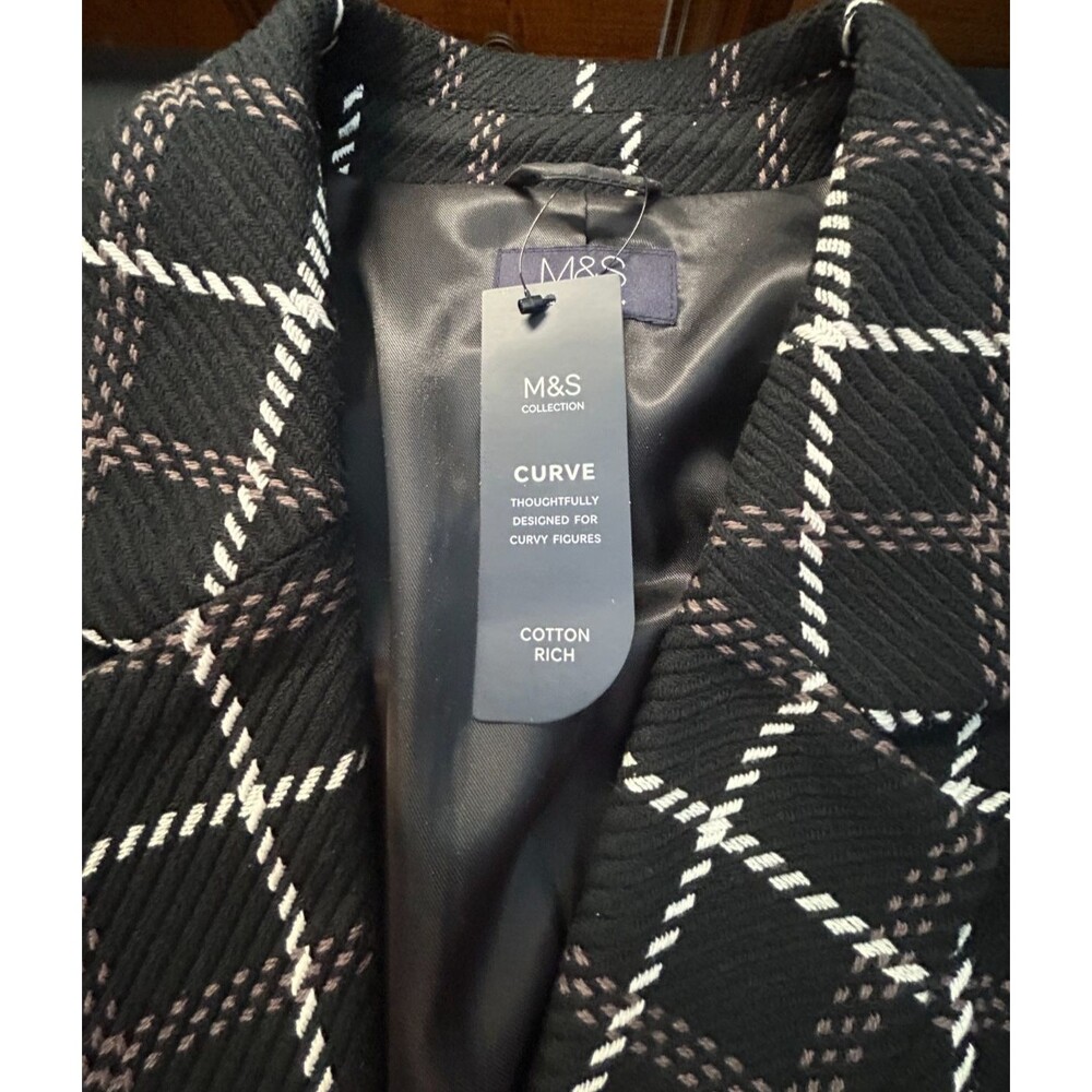 M&S Curve Womens Plus Size 26W Black Plaid Coat New UK 30 Marks & Spencer NWT